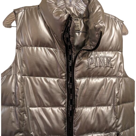 PINK Victoria's Secret Zip Up Puffer Vest Love Pink Silver Metallic Women's M - Picture 11 of 11